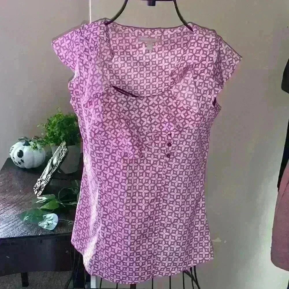 Banana Republic Pink White Top Blouse Short Sleeve, Size S Ruffle Collar Sleeve - Picture 5 of 6